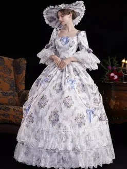 Vintage Womens Victorian Rococo Dress Flared Sleeves Floral Printed Ball Gown Dress