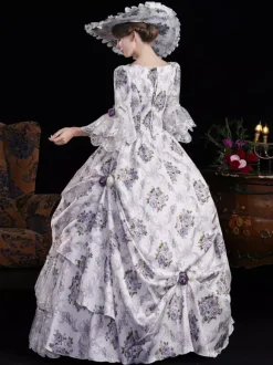 Vintage Womens Victorian Rococo Dress Flared Sleeves Floral Printed Ball Gown Dress