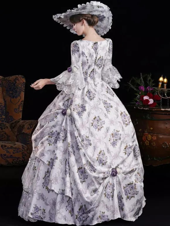 Vintage Womens Victorian Rococo Dress Flared Sleeves Floral Printed Ball Gown Dress