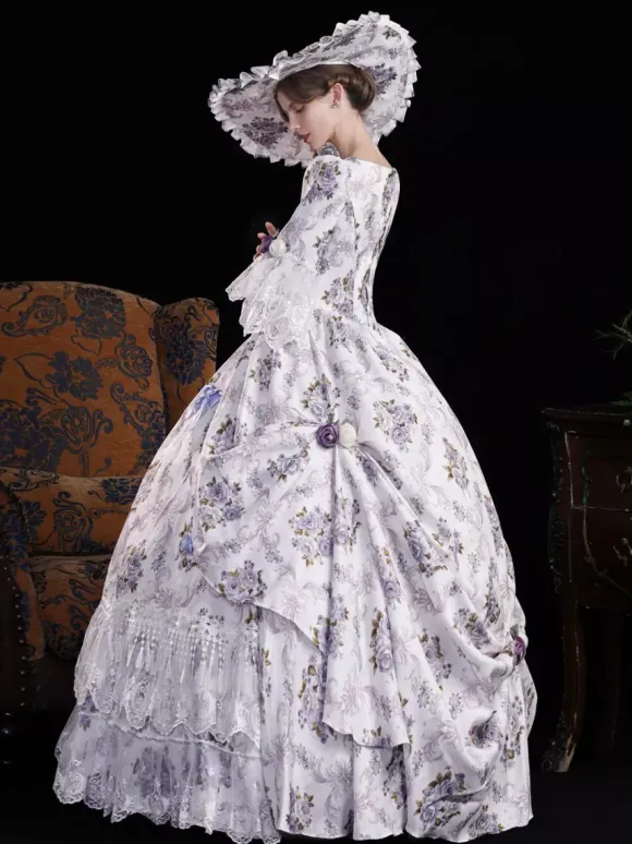 Vintage Womens Victorian Rococo Dress Flared Sleeves Floral Printed Ball Gown Dress