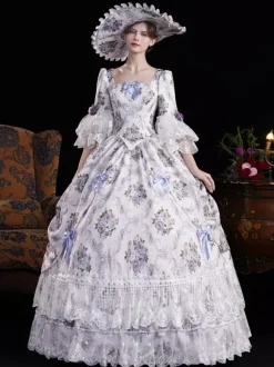 Vintage Womens Victorian Rococo Dress Flared Sleeves Floral Printed Ball Gown Dress