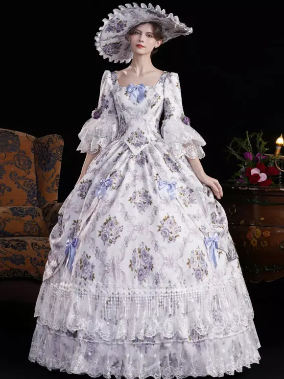 Vintage Womens Victorian Rococo Dress Flared Sleeves Floral Printed Ball Gown Dress