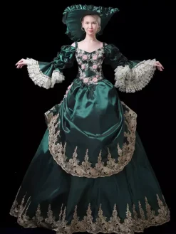 Vintage Womens Victorian Rococo Dress Lace Trim Flared Sleeves Foral Printed Ball Gown Dress
