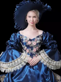 Vintage Womens Victorian Rococo Dress Lace Trim Flared Sleeves Foral Printed Ball Gown Dress