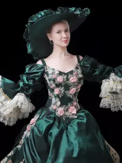 Vintage Womens Victorian Rococo Dress Lace Trim Flared Sleeves Foral Printed Ball Gown Dress