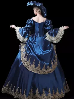 Vintage Womens Victorian Rococo Dress Lace Trim Flared Sleeves Foral Printed Ball Gown Dress