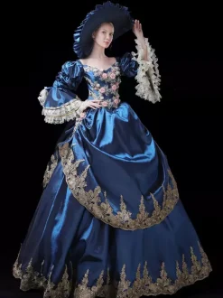 Vintage Womens Victorian Rococo Dress Lace Trim Flared Sleeves Foral Printed Ball Gown Dress