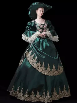 Vintage Womens Victorian Rococo Dress Lace Trim Flared Sleeves Foral Printed Ball Gown Dress