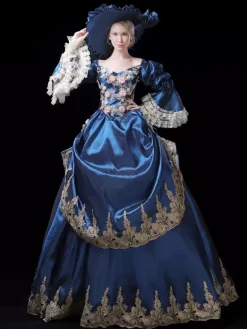 Vintage Womens Victorian Rococo Dress Lace Trim Flared Sleeves Foral Printed Ball Gown Dress