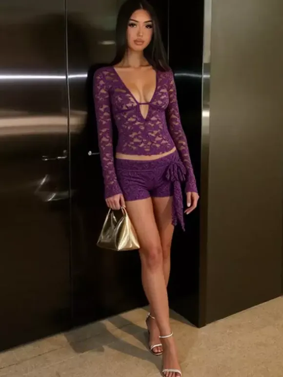 Violet Black Stretchy Sheer Lace Long Sleeve V Neck Cutout Cropped Blouse