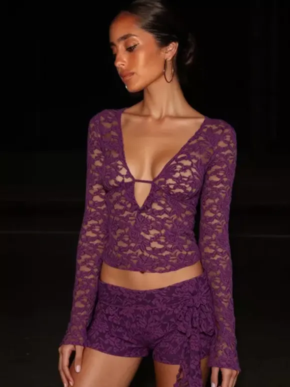 Violet Black Stretchy Sheer Lace Long Sleeve V Neck Cutout Cropped Blouse