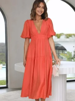 V-Neck Summer Dress Short Sleeves Elastic Waist A-Line Maxi Dresses