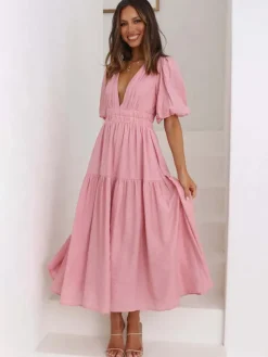 V-Neck Summer Dress Short Sleeves Elastic Waist A-Line Maxi Dresses