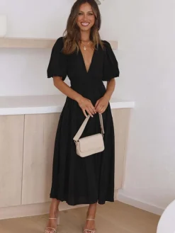 V-Neck Summer Dress Short Sleeves Elastic Waist A-Line Maxi Dresses