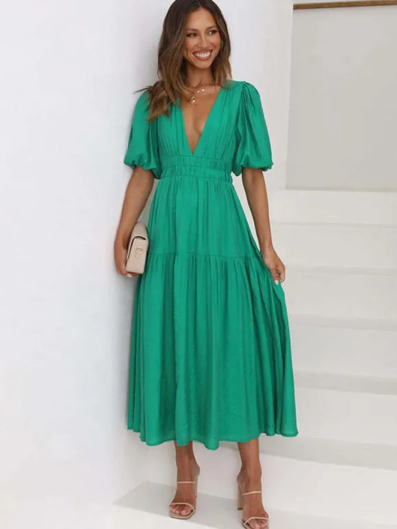 V-Neck Summer Dress Short Sleeves Elastic Waist A-Line Maxi Dresses