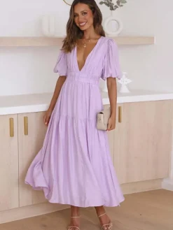 V-Neck Summer Dress Short Sleeves Elastic Waist A-Line Maxi Dresses