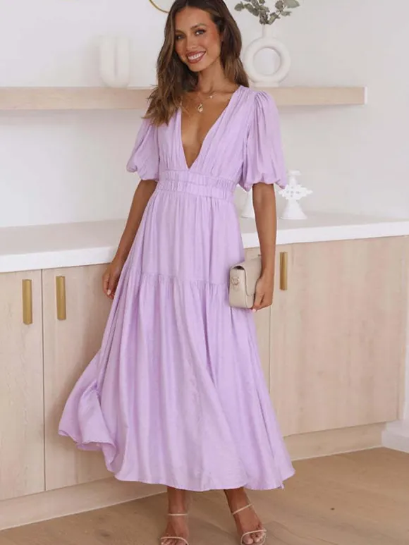 V-Neck Summer Dress Short Sleeves Elastic Waist A-Line Maxi Dresses