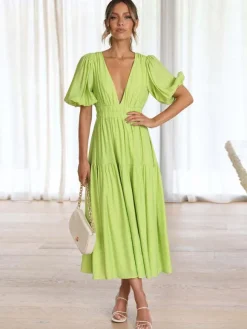 V-Neck Summer Dress Short Sleeves Elastic Waist A-Line Maxi Dresses