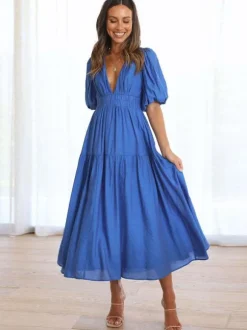 V-Neck Summer Dress Short Sleeves Elastic Waist A-Line Maxi Dresses