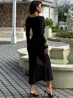 V-Neck Bodycon Long Dress For Women - Black Sexy Ruffle Cut Out - Spring Party Wedding Guest Wear 2026