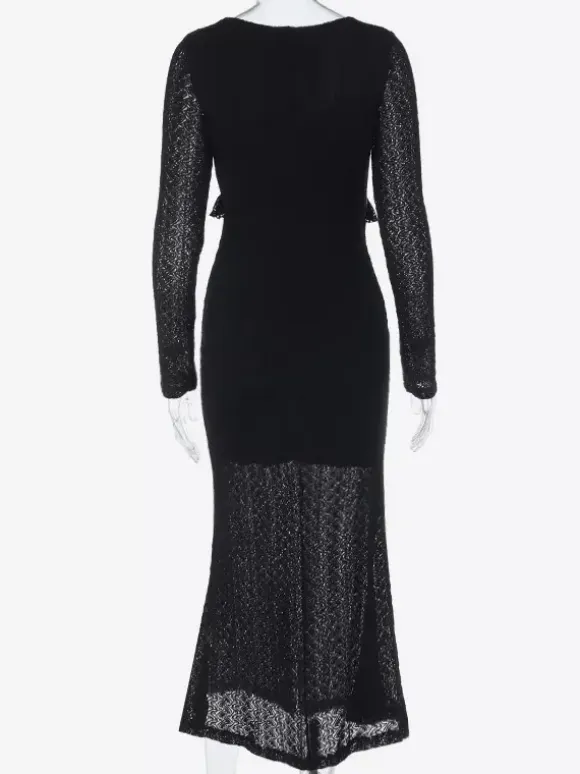 V-Neck Bodycon Long Dress For Women - Black Sexy Ruffle Cut Out - Spring Party Wedding Guest Wear 2026