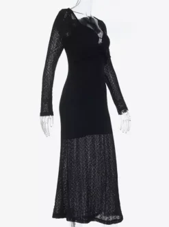 V-Neck Bodycon Long Dress For Women - Black Sexy Ruffle Cut Out - Spring Party Wedding Guest Wear 2026