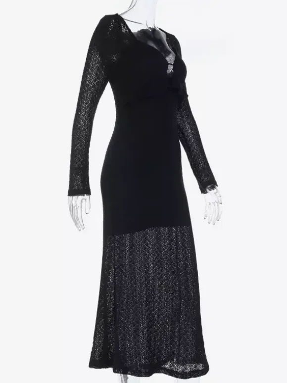 V-Neck Bodycon Long Dress For Women - Black Sexy Ruffle Cut Out - Spring Party Wedding Guest Wear 2026