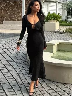V-Neck Bodycon Long Dress For Women - Black Sexy Ruffle Cut Out - Spring Party Wedding Guest Wear 2026