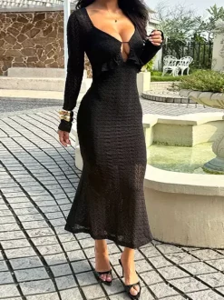 V-Neck Bodycon Long Dress For Women - Black Sexy Ruffle Cut Out - Spring Party Wedding Guest Wear 2026