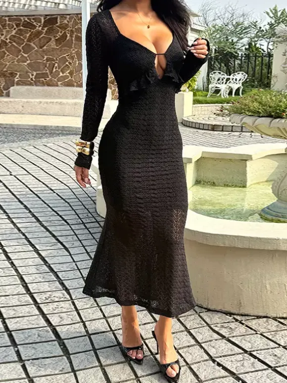 V-Neck Bodycon Long Dress For Women - Black Sexy Ruffle Cut Out - Spring Party Wedding Guest Wear 2026