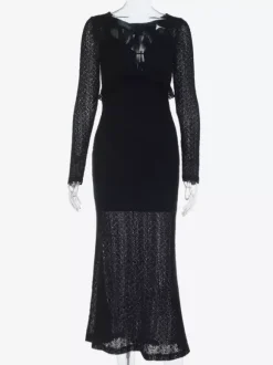 V-Neck Bodycon Long Dress For Women - Black Sexy Ruffle Cut Out - Spring Party Wedding Guest Wear 2026