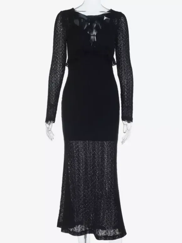 V-Neck Bodycon Long Dress For Women - Black Sexy Ruffle Cut Out - Spring Party Wedding Guest Wear 2026
