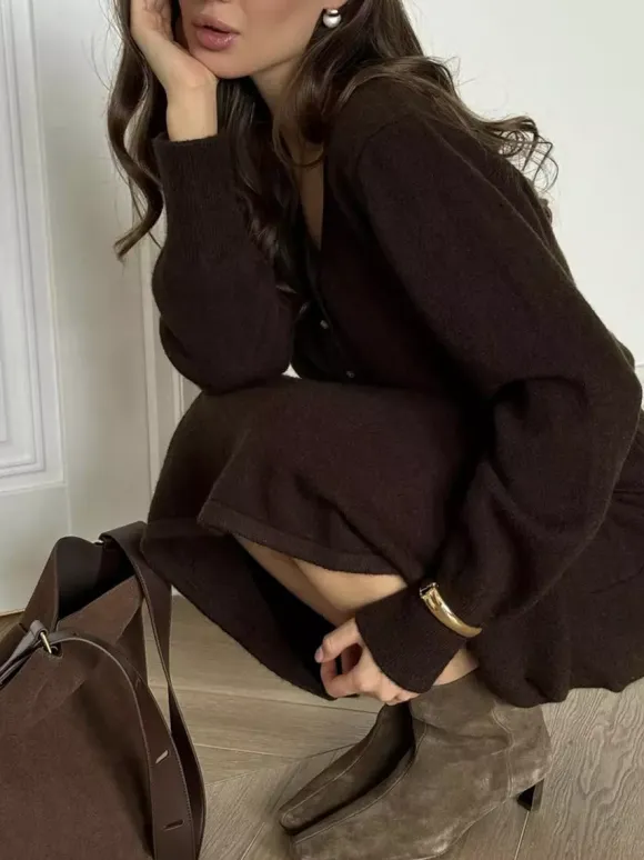 V-Neck Cardigan And Long Skirt Knit 2-Piece Co-ord Set For Women 2026