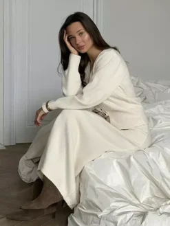 V-Neck Cardigan And Long Skirt Knit 2-Piece Co-ord Set For Women 2026