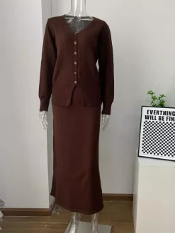 V-Neck Cardigan And Long Skirt Knit 2-Piece Co-ord Set For Women 2026