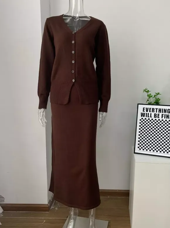 V-Neck Cardigan And Long Skirt Knit 2-Piece Co-ord Set For Women 2026