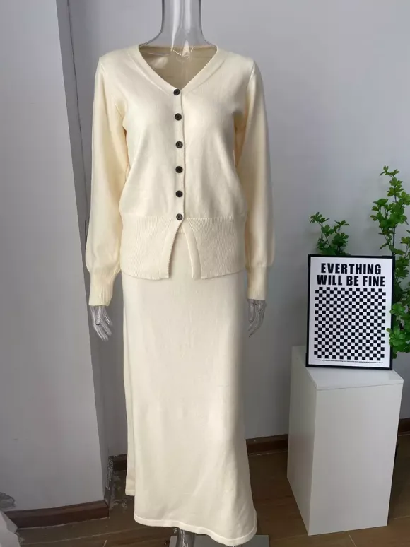 V-Neck Cardigan And Long Skirt Knit 2-Piece Co-ord Set For Women 2026