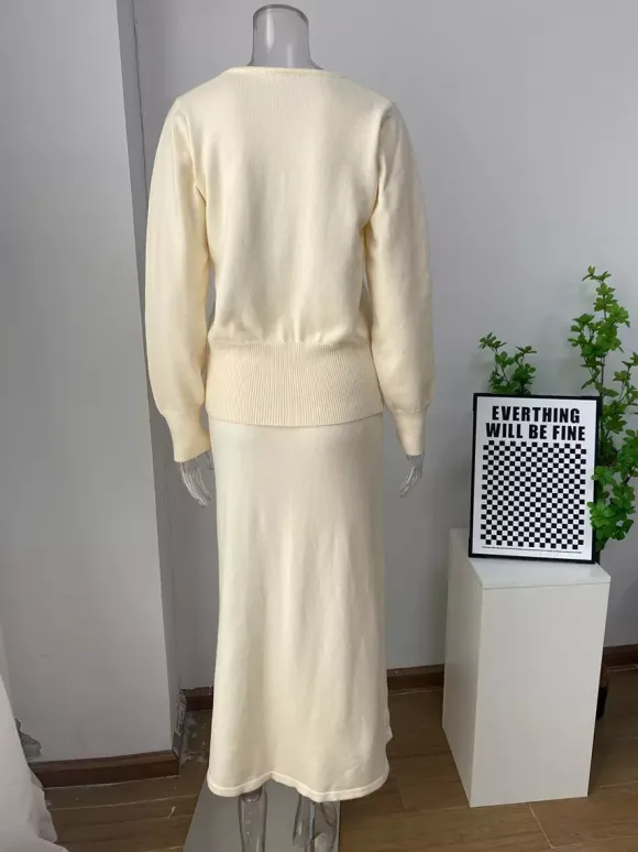 V-Neck Cardigan And Long Skirt Knit 2-Piece Co-ord Set For Women 2026