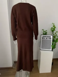 V-Neck Cardigan And Long Skirt Knit 2-Piece Co-ord Set For Women 2026