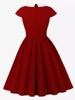 V Neck Contrast Lapel Ruched Retro A-line Swing Dress For Women 2026