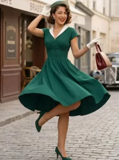 V Neck Contrast Lapel Ruched Retro A-line Swing Dress For Women 2026