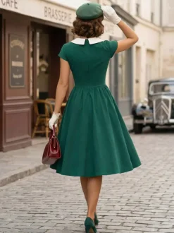V Neck Contrast Lapel Ruched Retro A-line Swing Dress For Women 2026