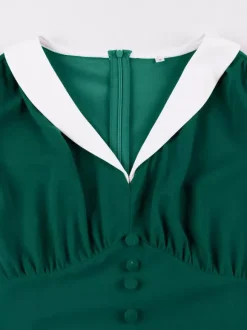 V Neck Contrast Lapel Ruched Retro A-line Swing Dress For Women 2026