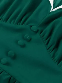 V Neck Contrast Lapel Ruched Retro A-line Swing Dress For Women 2026