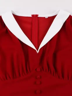 V Neck Contrast Lapel Ruched Retro A-line Swing Dress For Women 2026