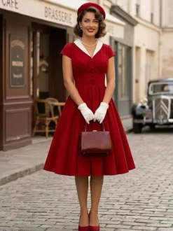 V Neck Contrast Lapel Ruched Retro A-line Swing Dress For Women 2026