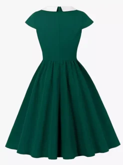 V Neck Contrast Lapel Ruched Retro A-line Swing Dress For Women 2026