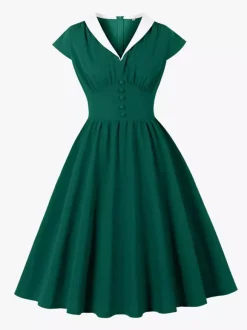 V Neck Contrast Lapel Ruched Retro A-line Swing Dress For Women 2026