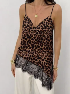 V Neck Satin Lace Asymmetrical Hem Thin Strap Cami Top