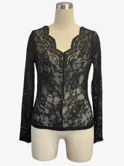 V Neck Scalloped Trim Floral Lace Long Sleeve Slim Fit Top For Women 2026